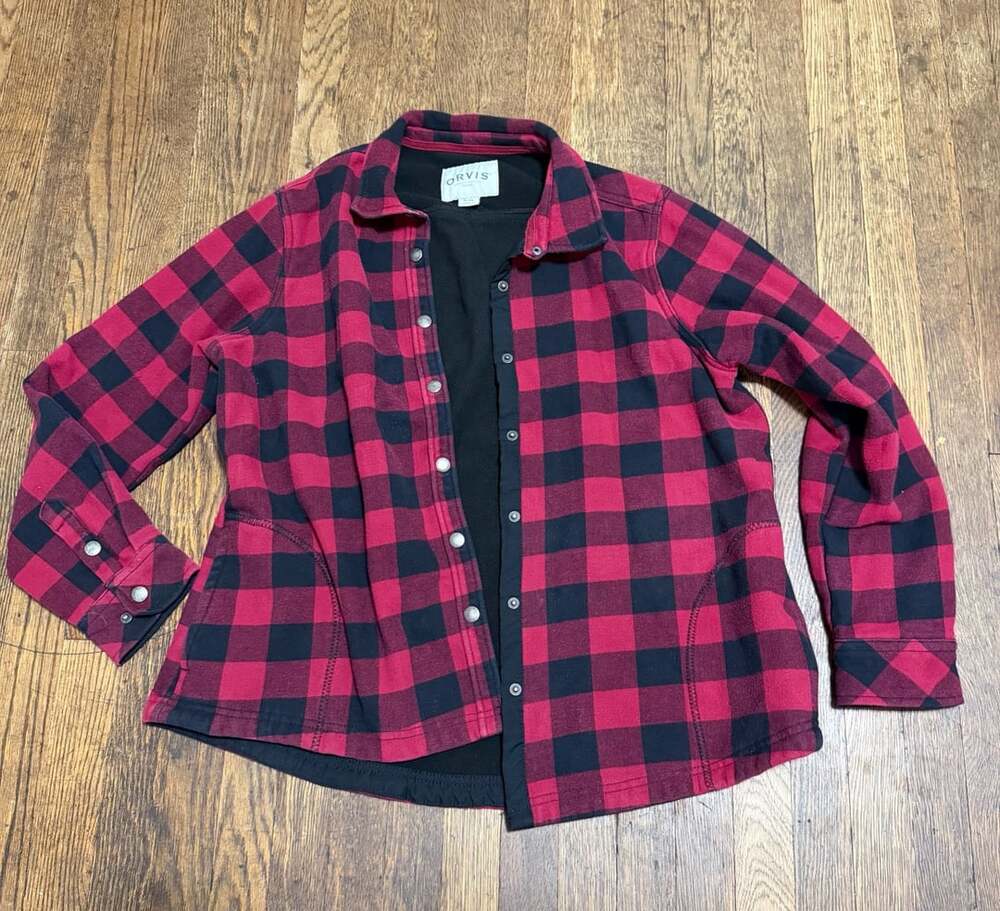 Women’s Orvis Buffalo Check Plaid Fleece Lined Shirt XL Red Black Snap Front